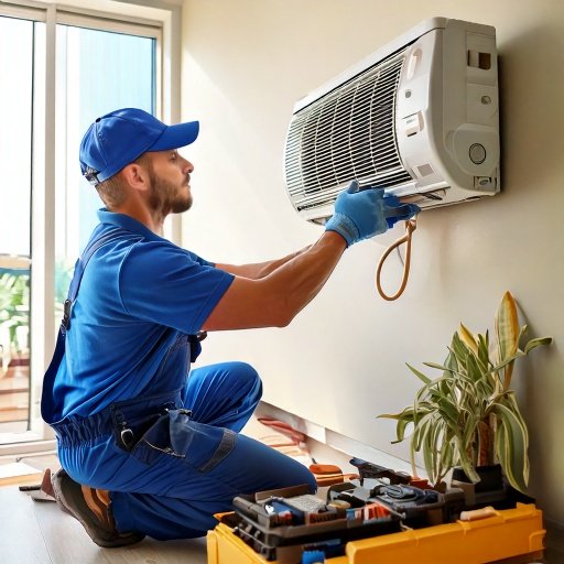 Professional HVAC technician in clean uniform servicing a wall split AC indoor unit, tidy tools