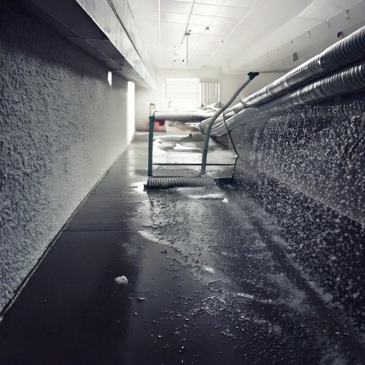 Abstract airflow visualization with cool gradients and subtle duct silhouettes, glossy yet minimal