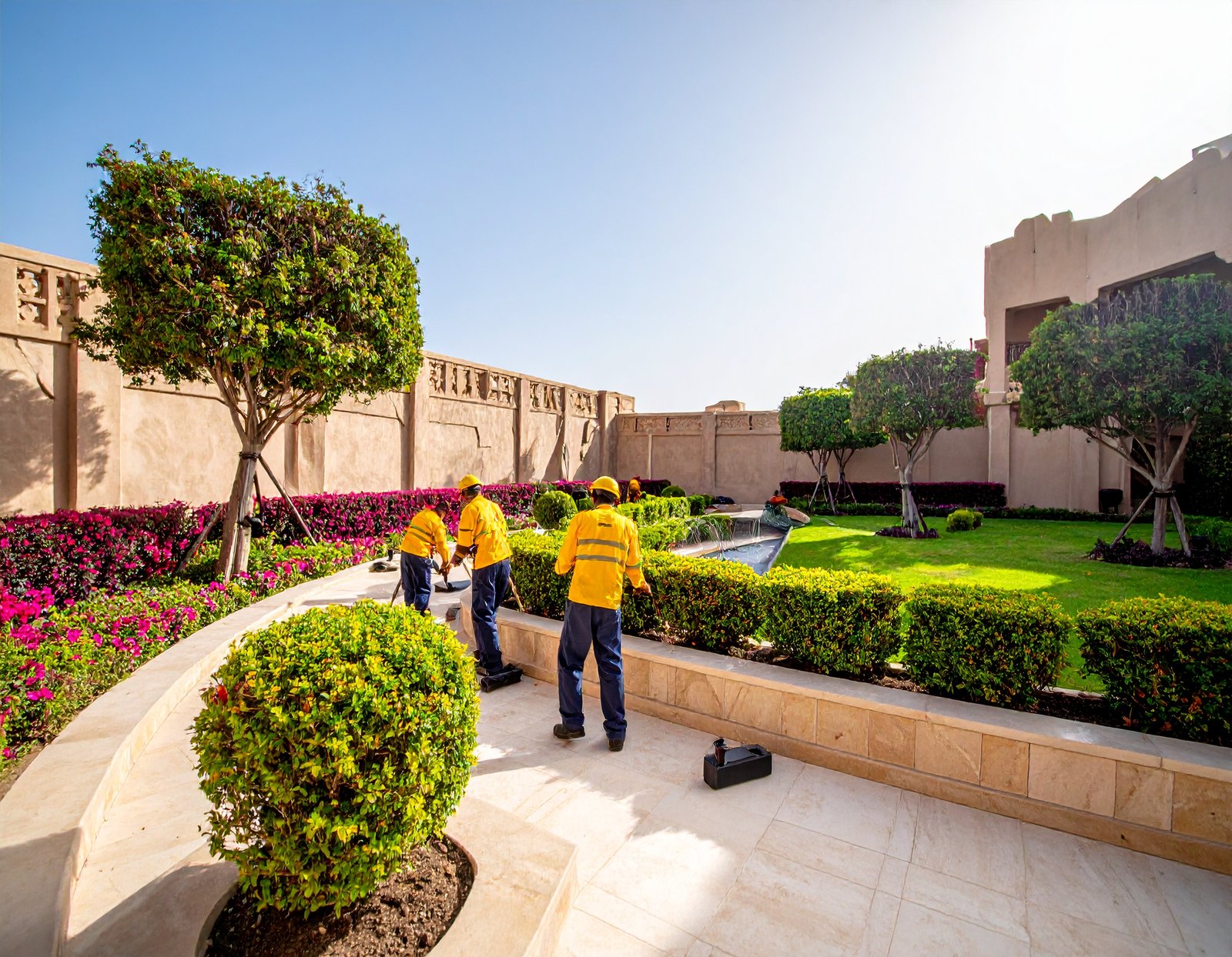 On-site team delivering landscaping and fit-out work in Dubai